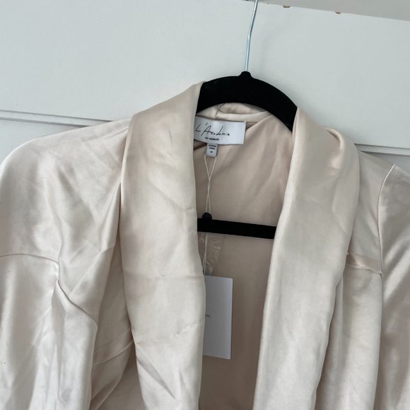 L'Academie Avena Wrap Satin Mini Dress Medium Ivory Long Sleeves Button Skirts - Picture 9 of 12